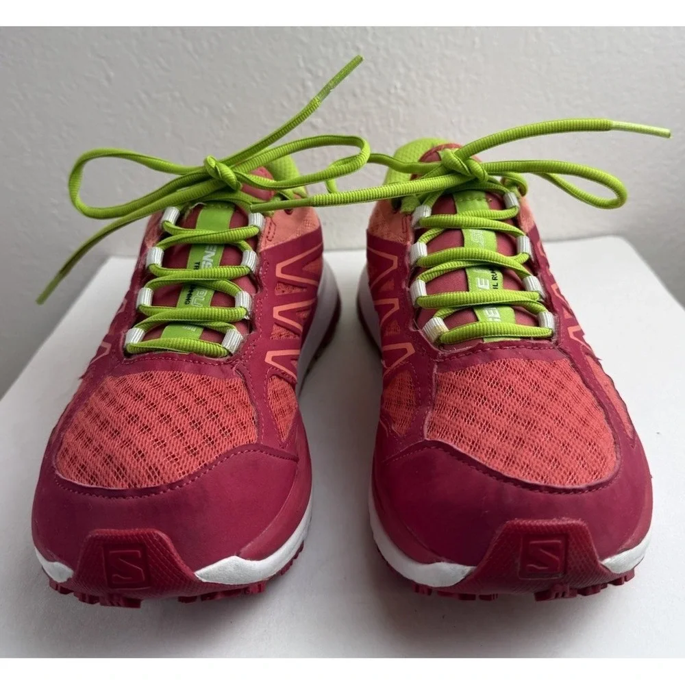 Salomon Pulse Trail Running Shoes Pink Lime Mesh Athletic Sneakers Women Sz 7.5